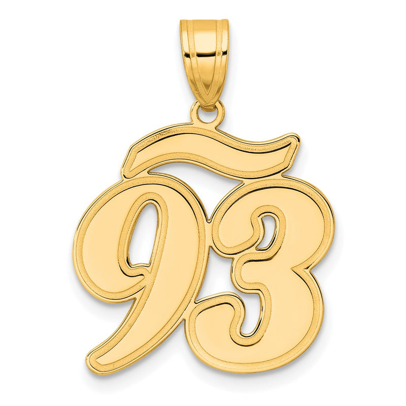 14k Yellow Gold Brushed Border Script Number 93 Pendant