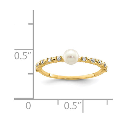 14K Yellow Gold Madi K 3-4mm White Button Freshwater Cultured Pearl CZ Ring