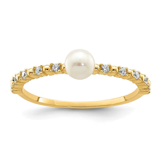 14K Yellow Gold Madi K 3-4mm White Button Freshwater Cultured Pearl CZ Ring