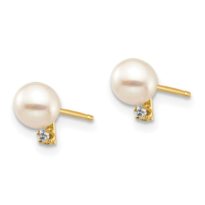 14K Madi K 4 5mm White Round FW Cultured Pearl .02ct Diamond Post Earrings
