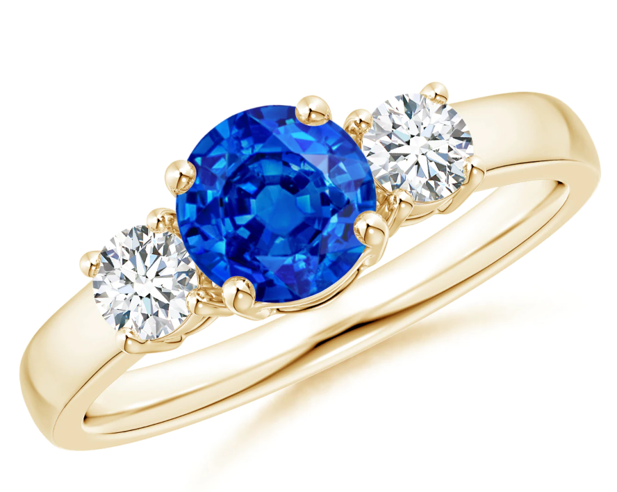 Classic Natural Blue Sapphire & Diamonds Three Stone Engagement Ring 14K Yellow Gold