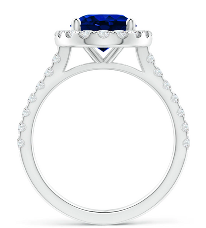 10x8mm Cr. Blue Sapphire & White CZ Halo Engagement Ring in 14K White Gold