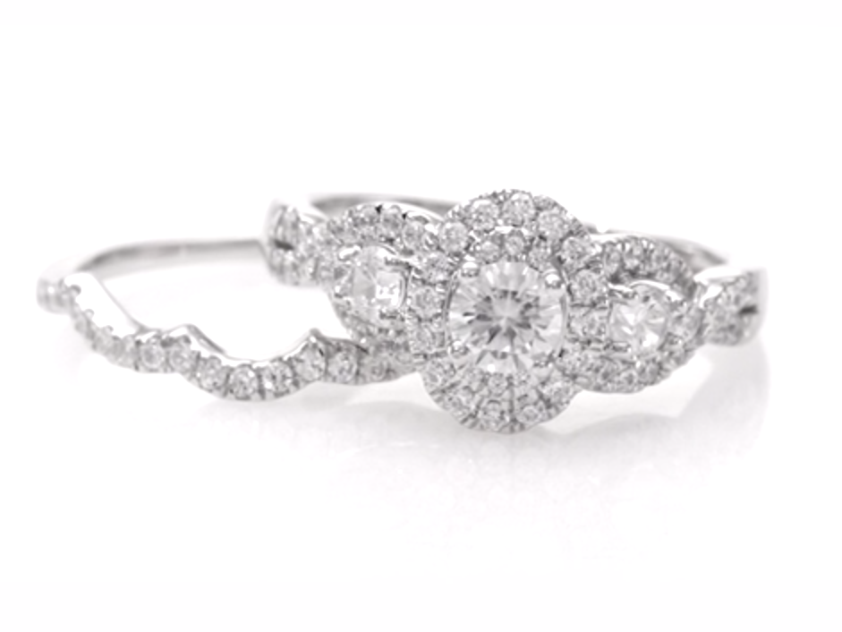 1.15CT. T.W. Diamond Three Stone Oval Frame Twist Halo Bridal Engagement Ring Set in 14K White Gold