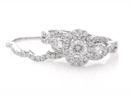 1.15CT. T.W. Diamond Three Stone Oval Frame Twist Halo Bridal Engagement Ring Set in 14K White Gold