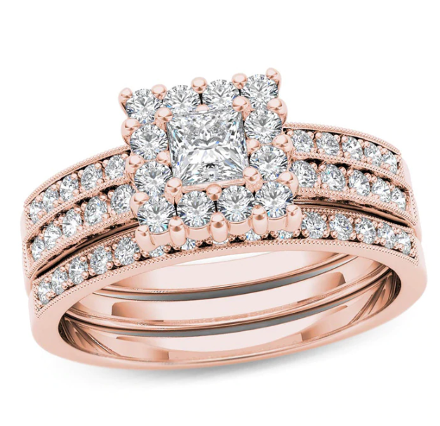 7/8 CT. T.W. Princess-Cut Diamond Frame Three Piece Bridal Engagement Ring Set in 14K Rose Gold