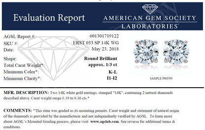 1/3 Carat TW AGS Certified Round Diamond Solitaire Stud Earrings in 14K White Gold (K/L Color - I1/I2 Clarity)
