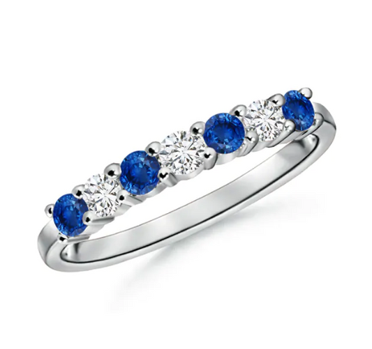 Created Blue Sapphire & CZ Half-Eternity Anniversary Wedding Band Ring in 14K White Gold