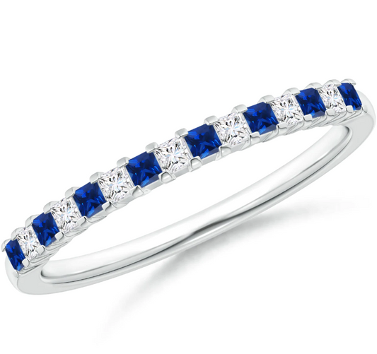 Princess Cut Created Blue Sapphire & CZ Half Eternity Wedding Band in 14K Yellow Gold