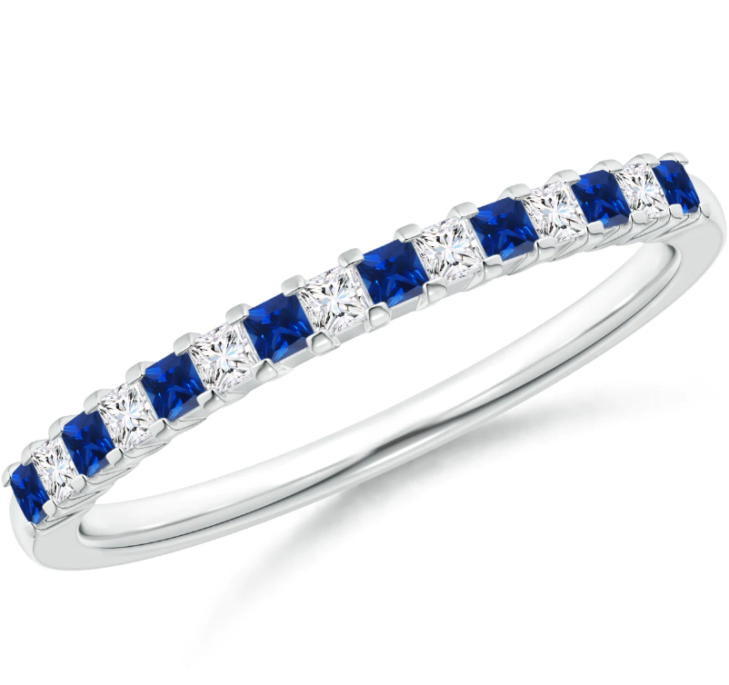 Princess Cut Natural Blue Sapphire & Diamonds Half Eternity Wedding Band in 14K White Gold