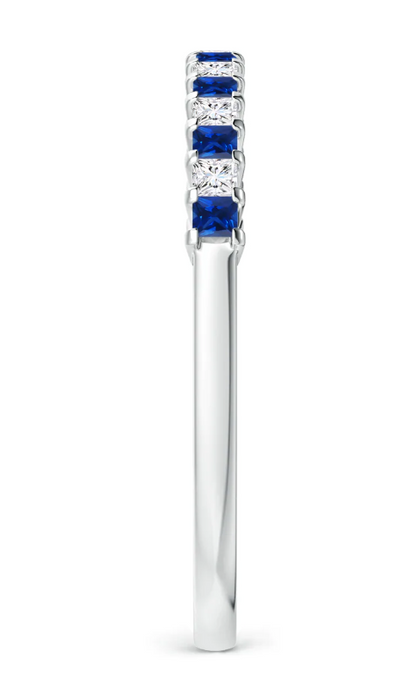 Princess Cut Created Blue Sapphire & CZ Half Eternity Wedding Band in 14K Yellow Gold