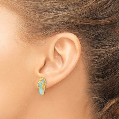 14k Yellow Gold Polished w/Created White Opal Flip Flop Post Earrings