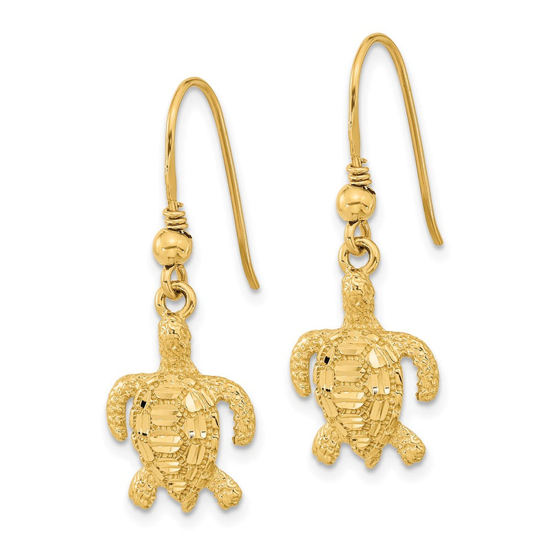 14k Yellow Gold Polished & Textured Diamond-cut Turtle Shepherd Hook Earrings