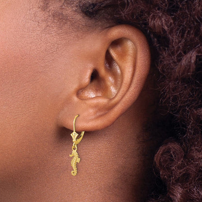 14k Yellow Gold Seahorse Leverback Earrings