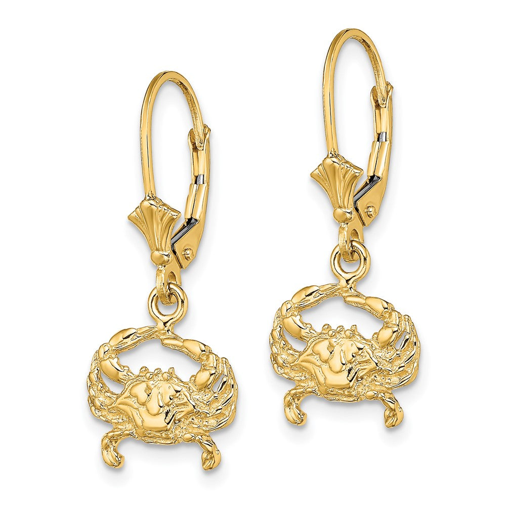 14k Yellow Gold 2-D Blue Crab Leverback Earrings