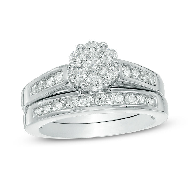 1 CT. Diamond Flower Bridal Engagement Ring Set in 14K White Gold