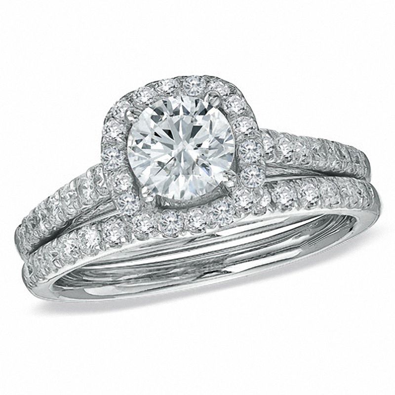 1-3/4 CT. Diamond Halo Bridal Engagement Ring Set in 14K White Gold