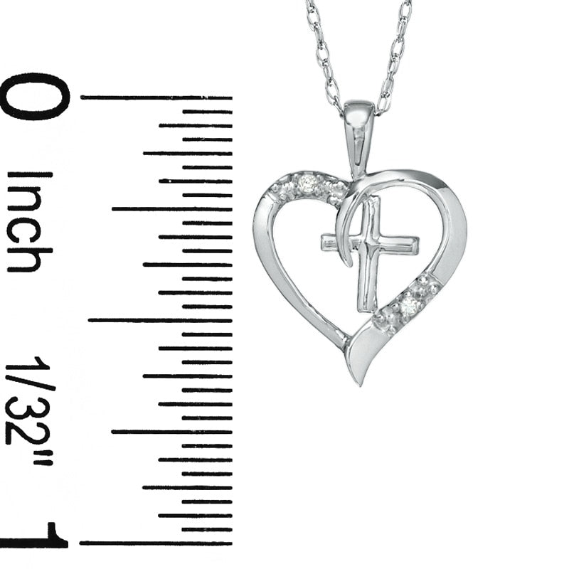 Natural Diamond Accent Heart and Cross Pendant in 10K White Gold