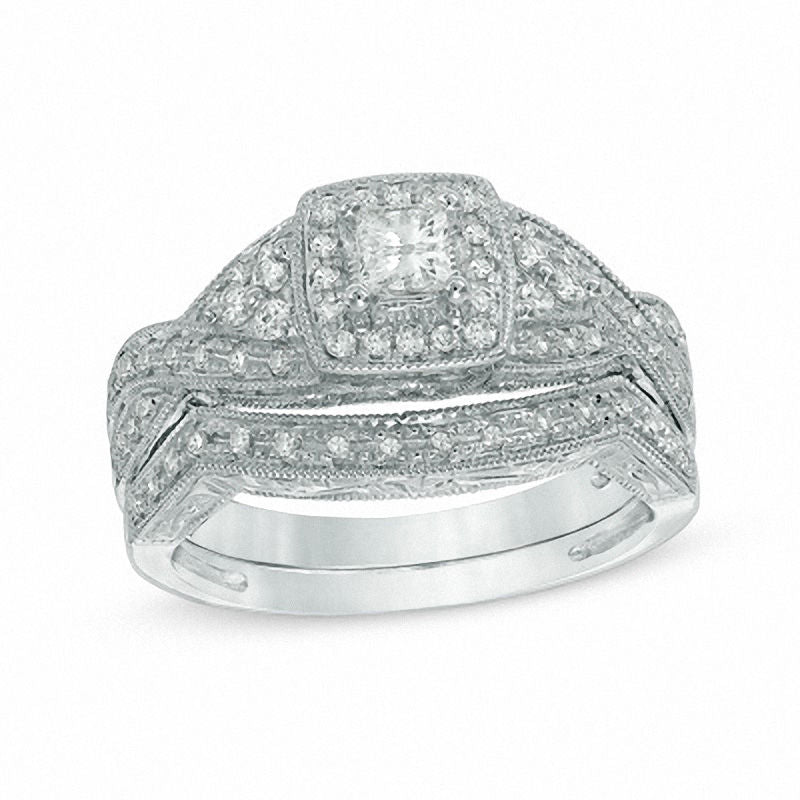 1/2 CT. Princess-Cut Diamond Twist Bridal Engagement Ring Set in 14K White Gold