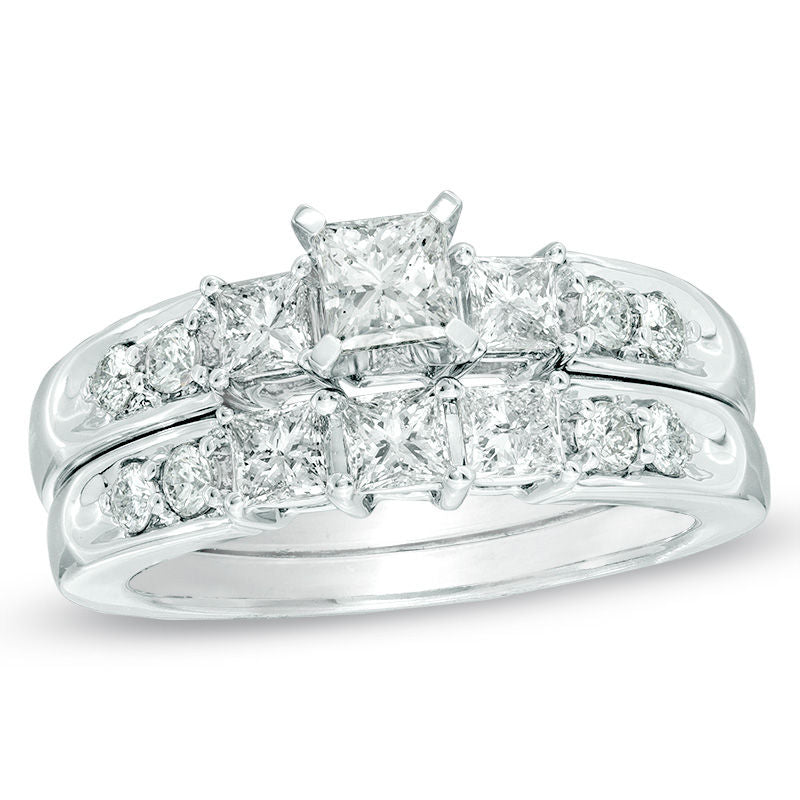 1.50 Ct. Princess-Cut Diamond Three Stone Bridal Engagement Ring Set in 14K White Gold