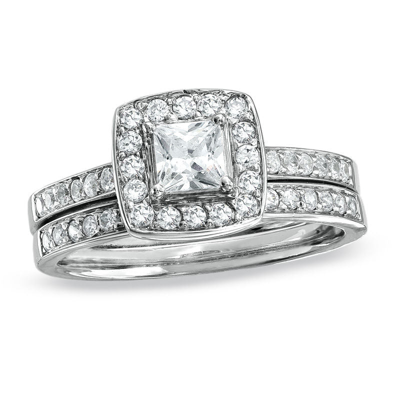 3/4 CT. Princess-Cut Diamond Halo Bridal Engagement Ring Set 14K White Gold