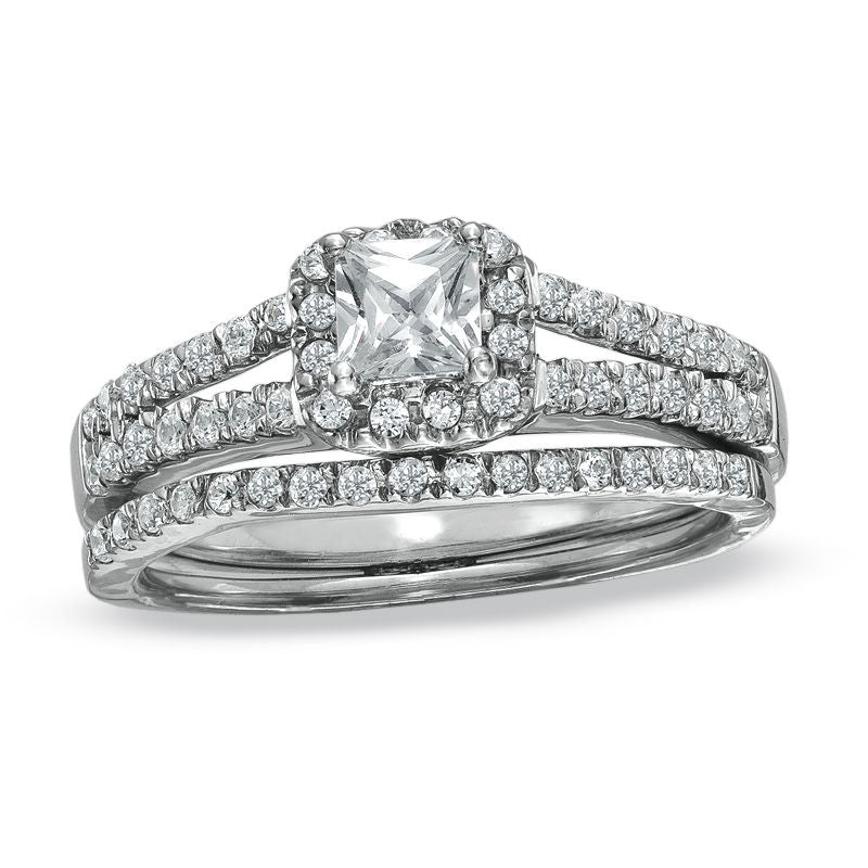 1/2 CT. T.W. Princess-Cut Halo Diamond Bridal Engagement Ring Set in 14K White Gold