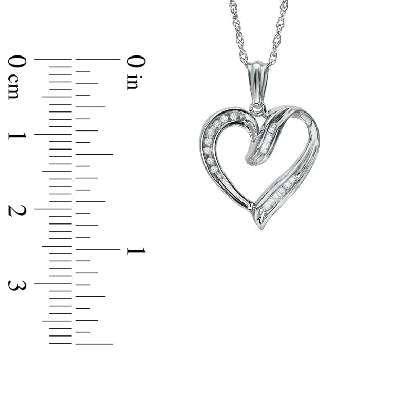 0.07 CT. T.W. Baguette and Round Natural Diamond Heart Pendant in Sterling Silver