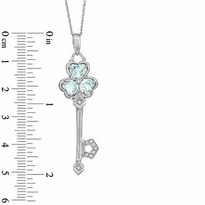 Aquamarine and Natural Diamond Accent Clover-Top Key Pendant in Sterling Silver