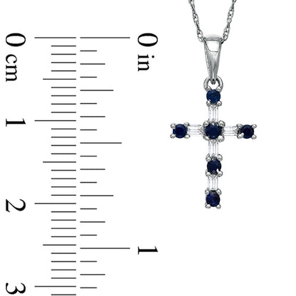 Blue Sapphire and 0.1 CT. T.W. Baguette Natural Diamond Cross Pendant in 10K White Gold