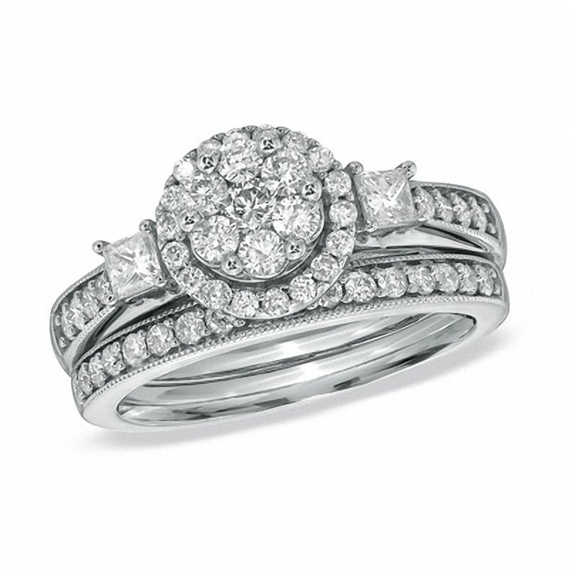 1 CT. Round & Princess-Cut Diamond Flower Bridal Engagement Ring Set 14K White Gold