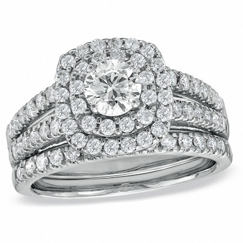 1-1/2 CT. Diamond Double Halo Bridal Engagement Ring Set in 14K White Gold