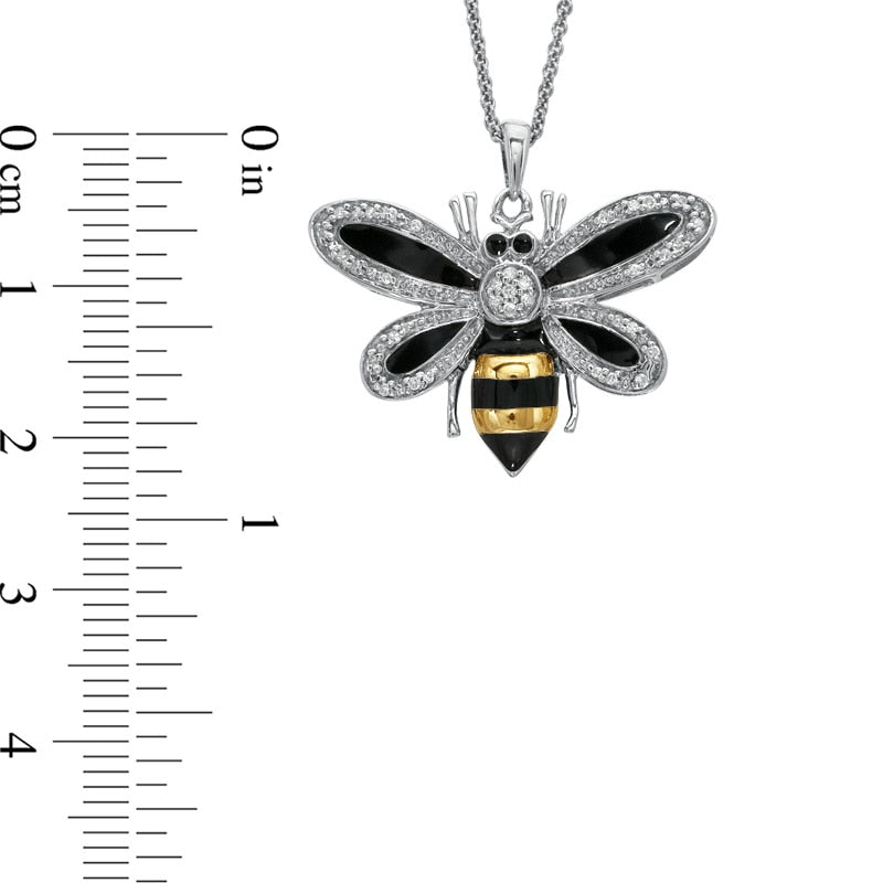0.1 CT. T.W. Natural Diamond with Black and Yellow Enamel Bee Pendant in Sterling Silver