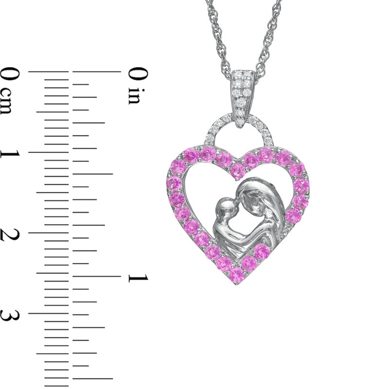 Lab-Created Pink and White Sapphire Motherly Love Heart Pendant in Sterling Silver