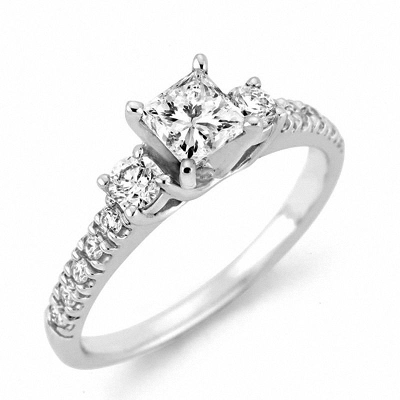 1/2 CT. T.W. Certified Princess-Cut Diamond Three Stone Engagement Ring in 14K White Gold (I/SI2)