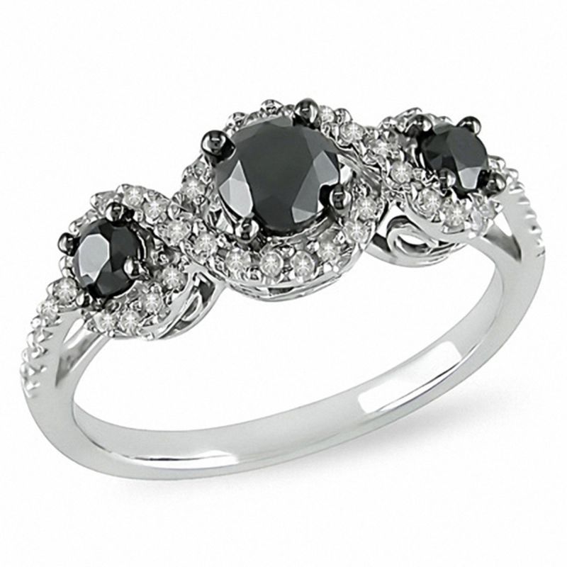 1 CT. T.W. Enhanced Black and White Diamond Three Stone Frame Engagement Ring in 14K White Gold