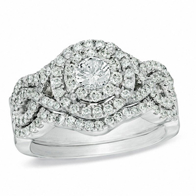 1-1/5 CT. T.W. Diamond Cluster Bridal Engagement Ring Set in 14K White Gold