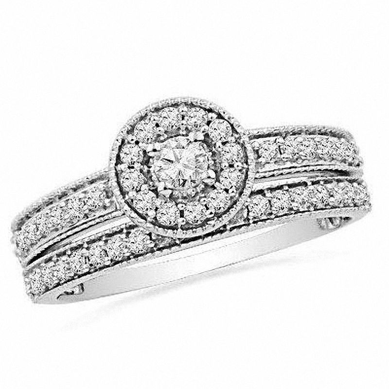 1/2 CT. Diamond Halo Bridal Engagement Ring Set 14K White Gold