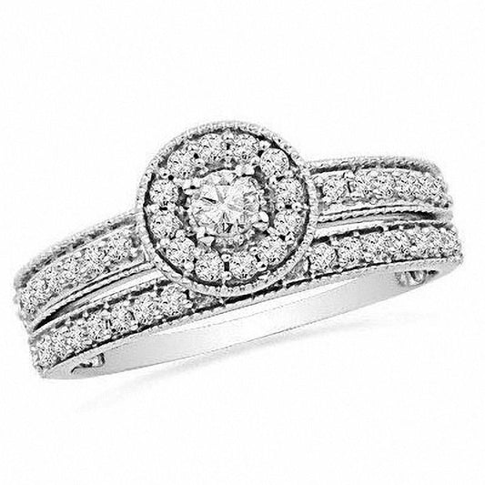 1/2 CT. Diamond Halo Bridal Engagement Ring Set 14K White Gold