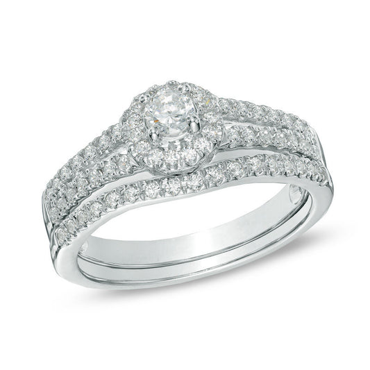 1/2 CT. Diamond Halo Bridal Engagement Ring Set in 14K White Gold