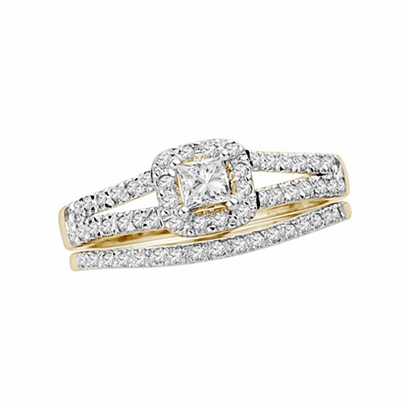 1/2 CT Princess-Cut Diamond Halo Bridal Engagement Ring Set in 14K Gold