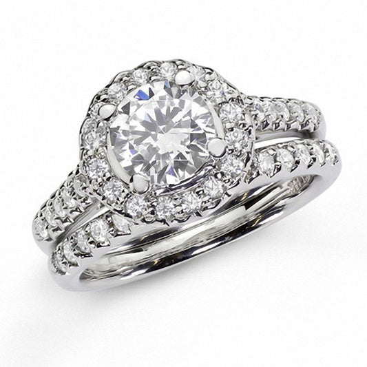 1.20 CT. Diamond Halo Bridal Engagement Ring Set 14K White Gold