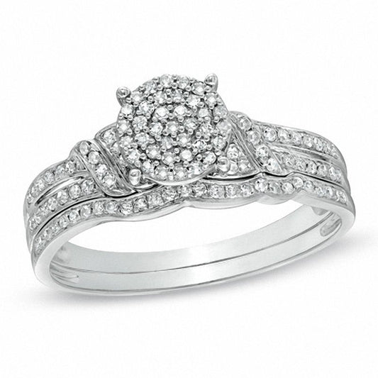 1/4 CT. T.W. Diamond Cluster Bridal Engagement Ring Set in 14K White Gold