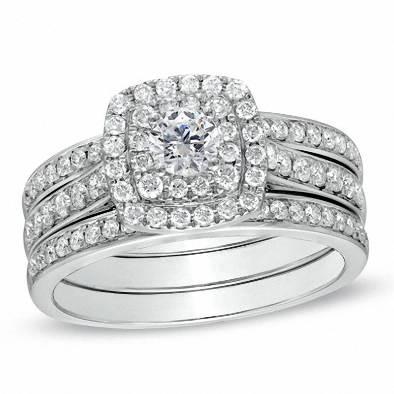 1 CT. Diamond Double Halo Bridal Engagement Ring Set in 14K White Gold