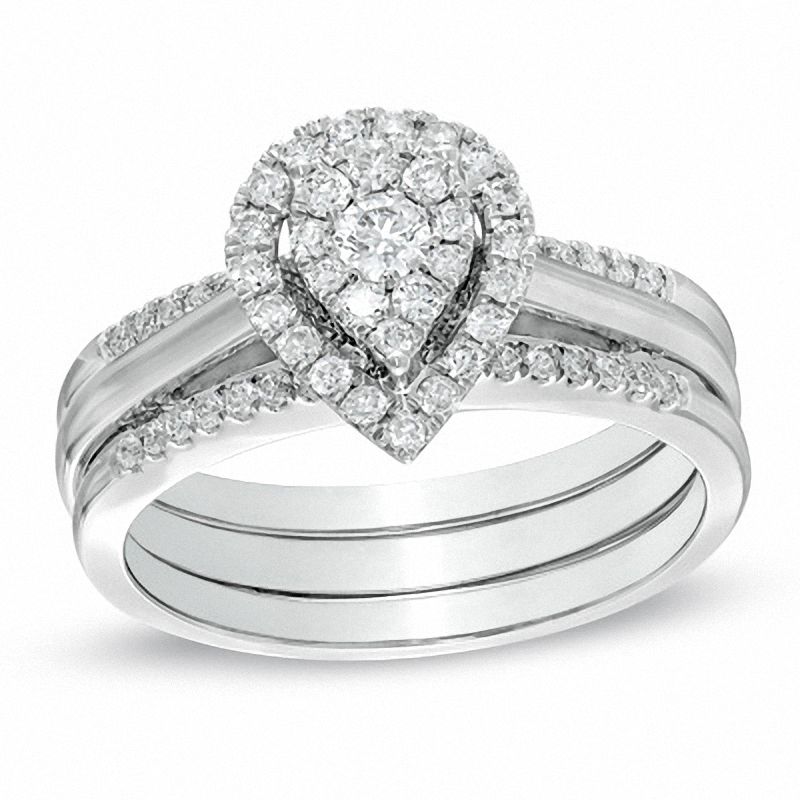 Diamond Cluster Pear-Shaped Halo Bridal Engagement Ring Set in 14K White Gold
