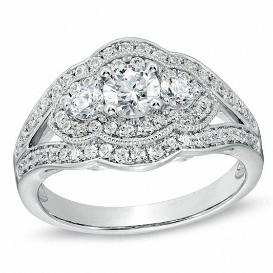 1 CT. T.W. Diamond Vintage-Style Three Stone Engagement Ring in 14K White Gold