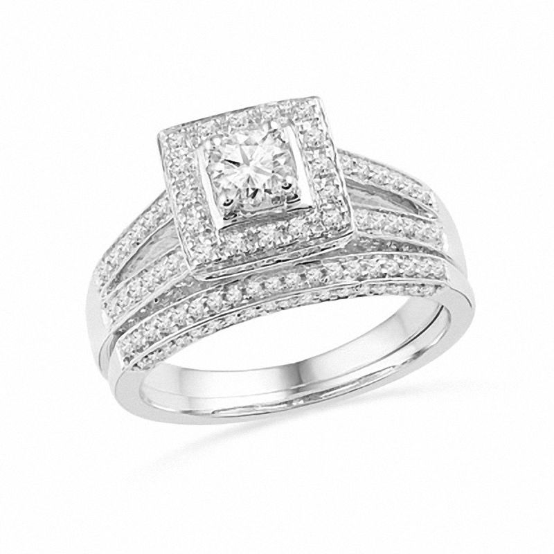 1 CT. Diamond Square Halo Split Shank Bridal Engagement Ring Set in 14K White Gold