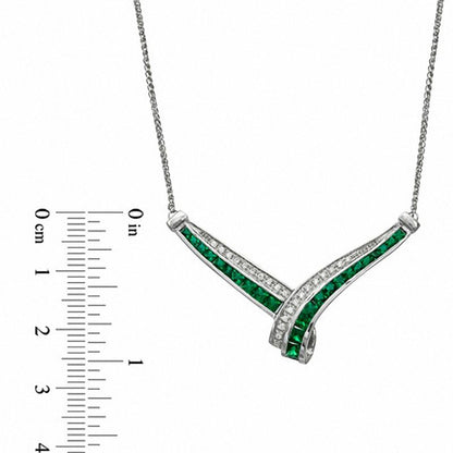 Princess-Cut Lab-Created Emerald and White Sapphire Chevron Necklace in Sterling Silver - 17"