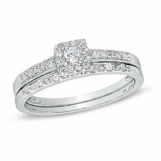 1/4 CT. Princess-Cut Diamond Halo Bridal Engagement Ring Set in Sterling Silver