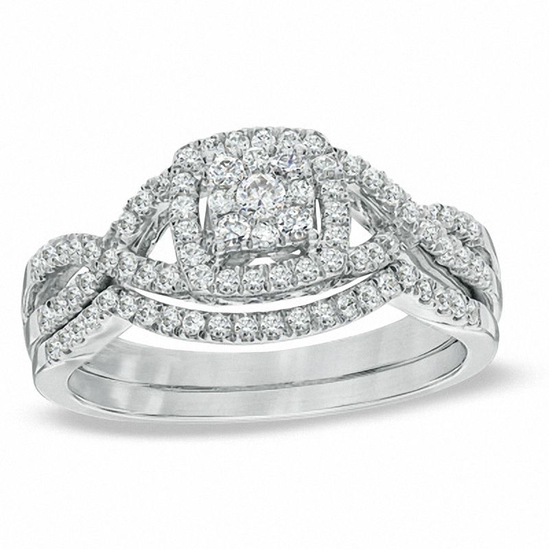 1/2 CT. Diamond Cluster Twist Shank Bridal Engagement Ring Set in 14K White Gold