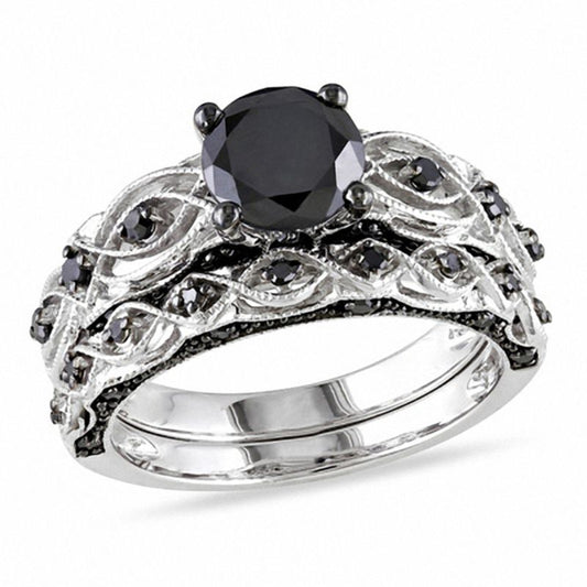 1-3/8 CT. T.W. Enhanced Black Diamond Vintage-Style Bridal Set in 14K White Gold