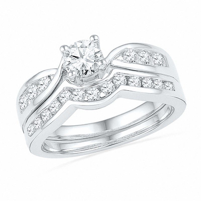 1 CT. T.W. Diamond Bridal Engagement Ring Set in 14K White Gold